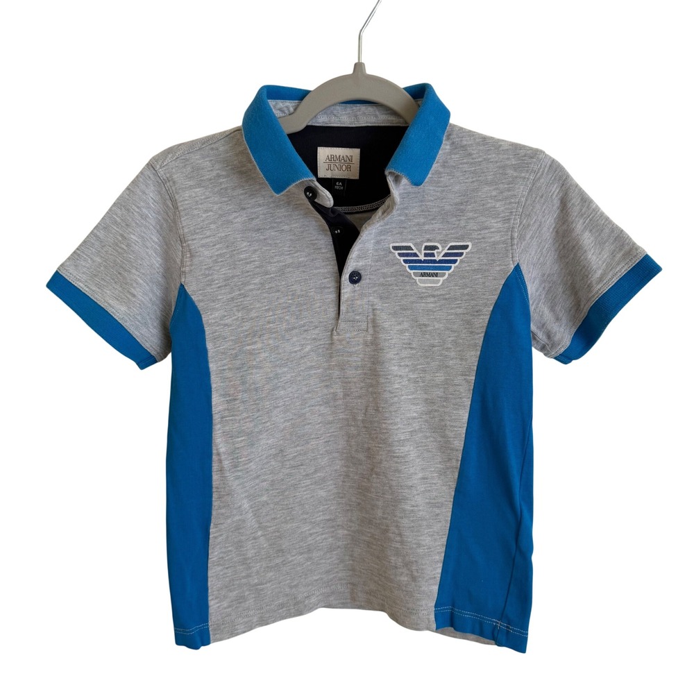 Armani Junior Boys Gray Blue Colorblock Eagle Logo Polo Shirt Size 6A 118cm